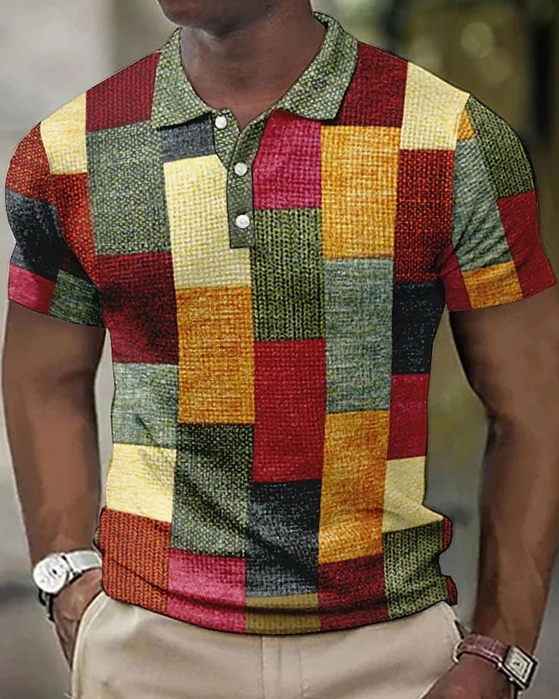 Momount Polo Xadrez Homem – Patchwork Manga Curta Casual - Image 4