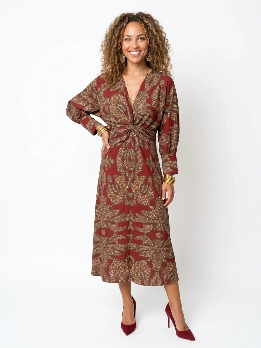 Momount Vestido Midi Mulher – Trapézio Decote em V Cintura com Nó Casual Elegante - Image 9
