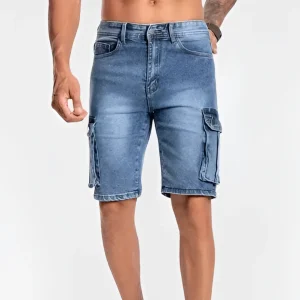 Momount Calções Cargo em Denim de Homem – com Stretch Comprimento ao Joelho com Bolso de Aba