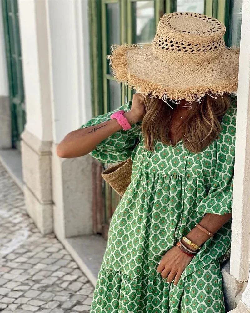 Bellanova | Vestido Maxi Boho Estampado Decote em V com Folhos de Verão - Image 3