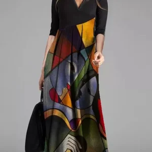 Cassellia | Vestido Maxi Linha A Decote em V com Estampado Abstracto | Verão Momount