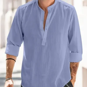 Momount Camisa Henley em Linho de Homem – Manga Comprida com Gola em Pé de Verão