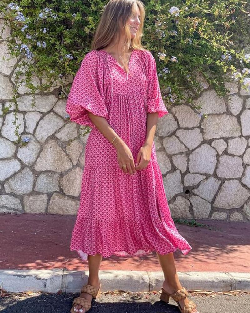 Bellanova | Vestido Maxi Boho Estampado Decote em V com Folhos de Verão - Image 8