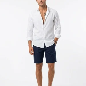 Momount Camisa de Linho de Homem – Manga Comprida Slim Fit com Gola Pontiaguda Clássica