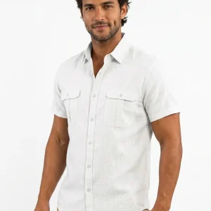 Momount Camisa de Linho de Homem – Manga Curta com Bolso Duplo ao Peito Utilitária Casual