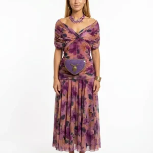 Momount Vestido Midi Floral de Verão de Mulher – Ombros Descobertos com Pregas Elegante de Festa