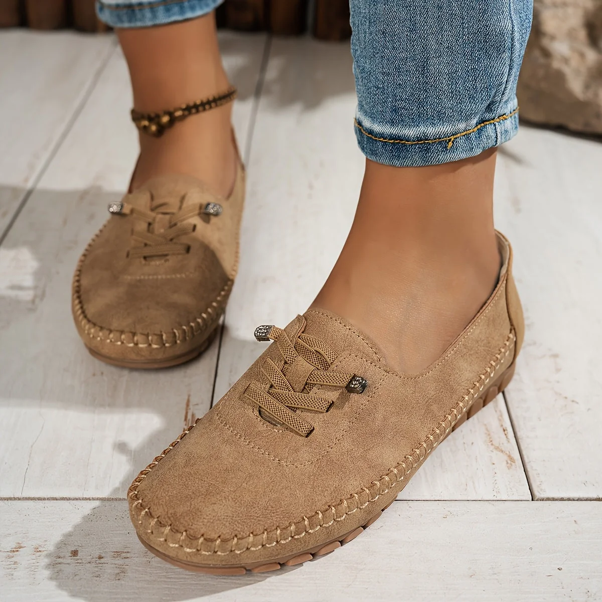 Momount Mulher Mocassins em Camurça – Costurados à Mão Sem Atacadores Conforto Elástico - Image 5