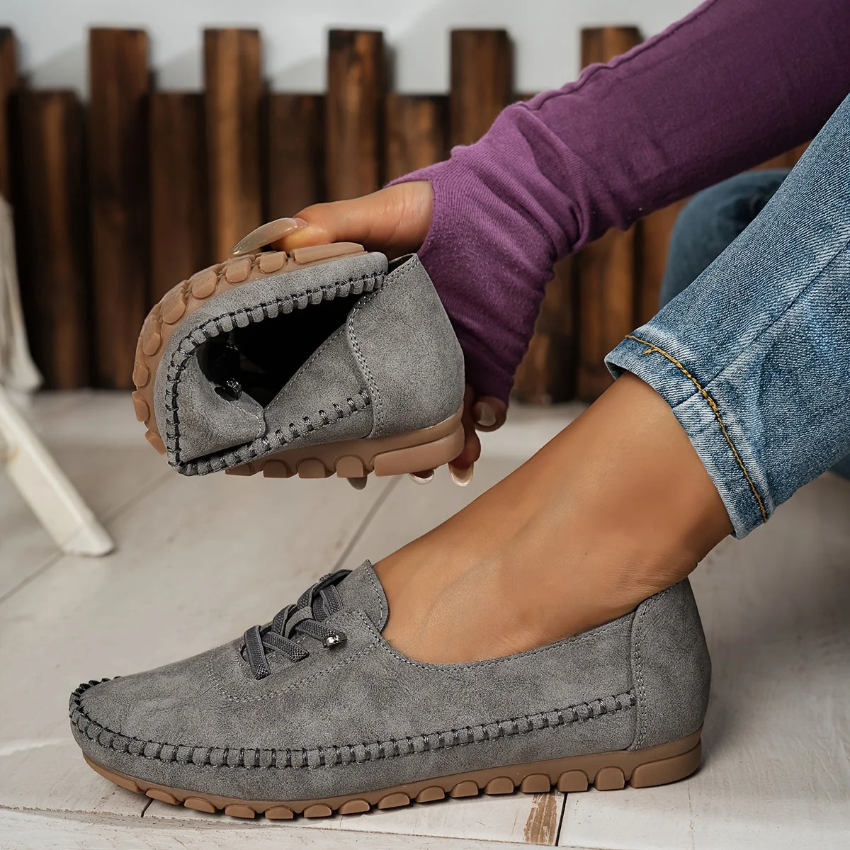 Momount Mulher Mocassins em Camurça – Costurados à Mão Sem Atacadores Conforto Elástico - Image 8