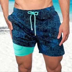 Momount Calções de Banho Homem – Estampado de Palmeiras Cordão Forro em Rede Secagem Rápida
