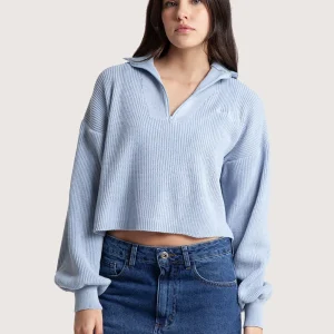 Blusa Tricot Hang Loose Zip Feminino Azul Claro
