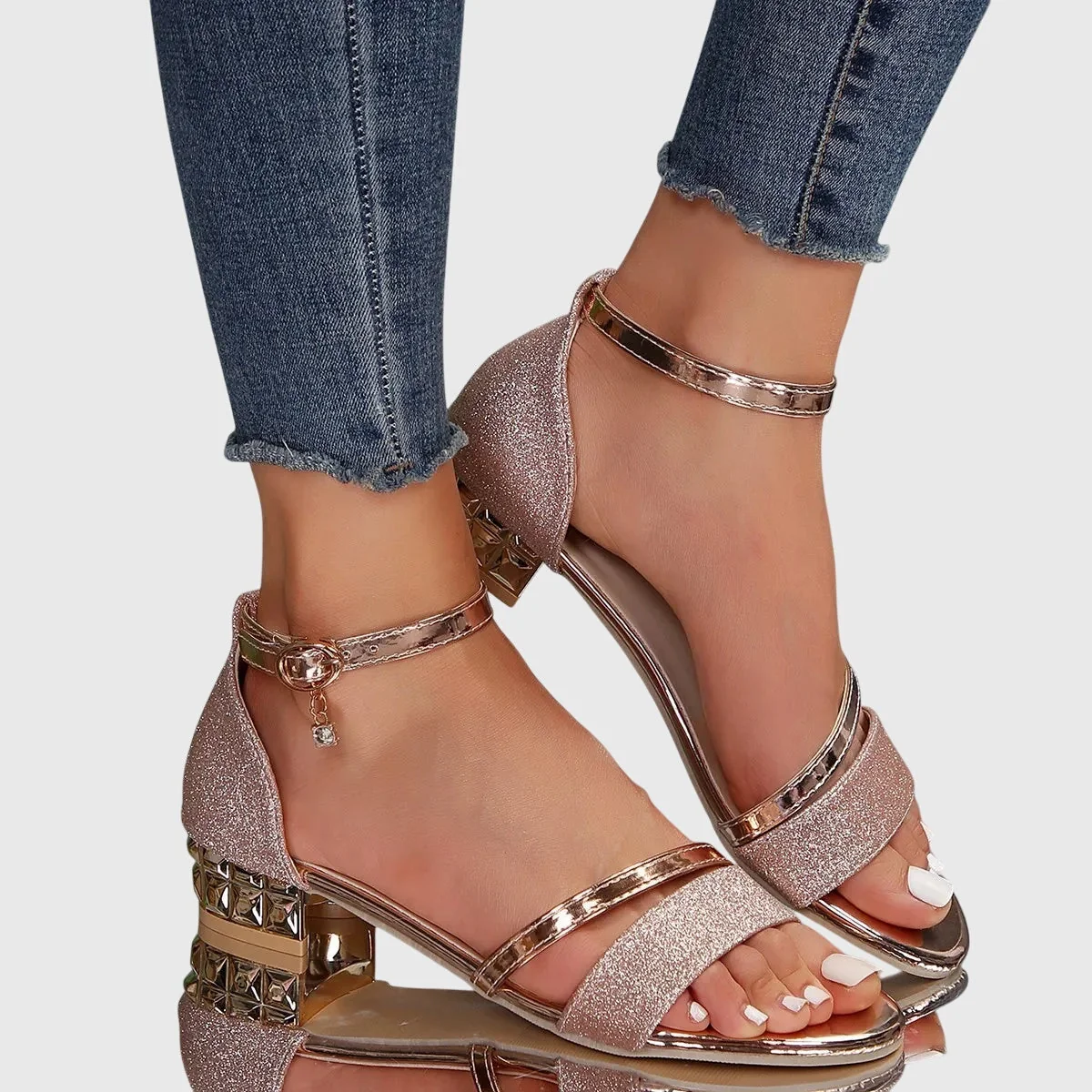 Momount Mulher Sandálias com Tira de Tornozelo – Salto Largo com Glitter e Strass Bico Aberto - Image 5