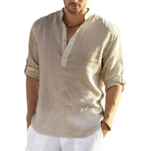 Momount Camisa Henley em Linho de Homem – Manga Comprida com Tab no Punho Casual