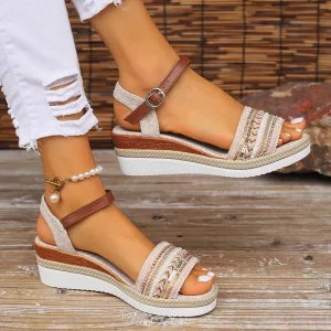 Momount Sandálias de Cunha de Mulher Conforto Plataforma Tira Posterior Tira com Fivela Casual de Verão Apoio Almofadado Design Trançado