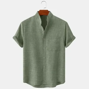Momount Camisa de Linho de Homem – Manga Curta com Gola Banda e Bolso ao Peito de Verão