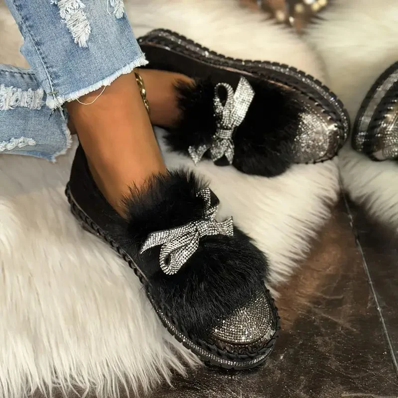 Momount Mocassins em Pele Sintética Mulher – Laço de Cristal Bico Strass Felpa Slip-On - Image 2