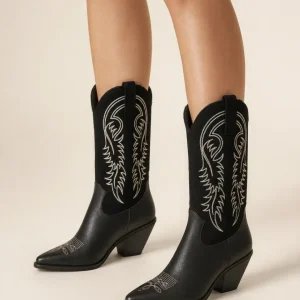 Botas texanas femininas de cano alto com bico fino e salto de bloco – bordado tom sobre tom