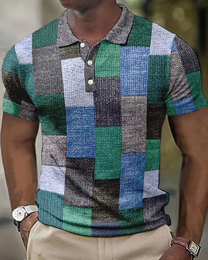 Momount Polo Xadrez Homem – Patchwork Manga Curta Casual - Image 2
