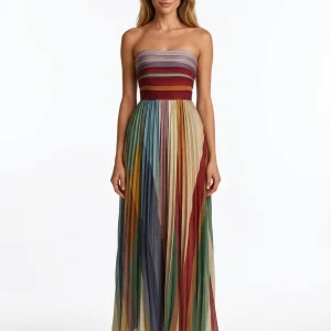 Thessaly | Vestido Maxi Plissado Elegante sem Alças às Riscas