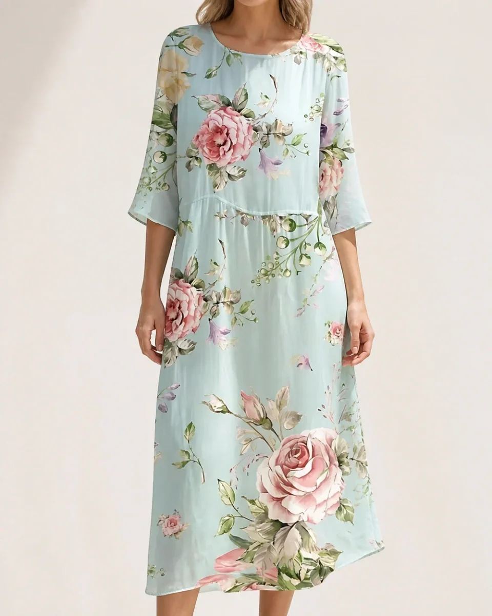 Momount Vestido Midi Floral Mulher – Manga 3/4 Ajuste Largo Casual para a Praia de Verão - Image 2