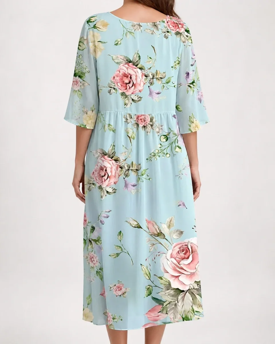 Momount Vestido Midi Floral Mulher – Manga 3/4 Ajuste Largo Casual para a Praia de Verão - Image 4