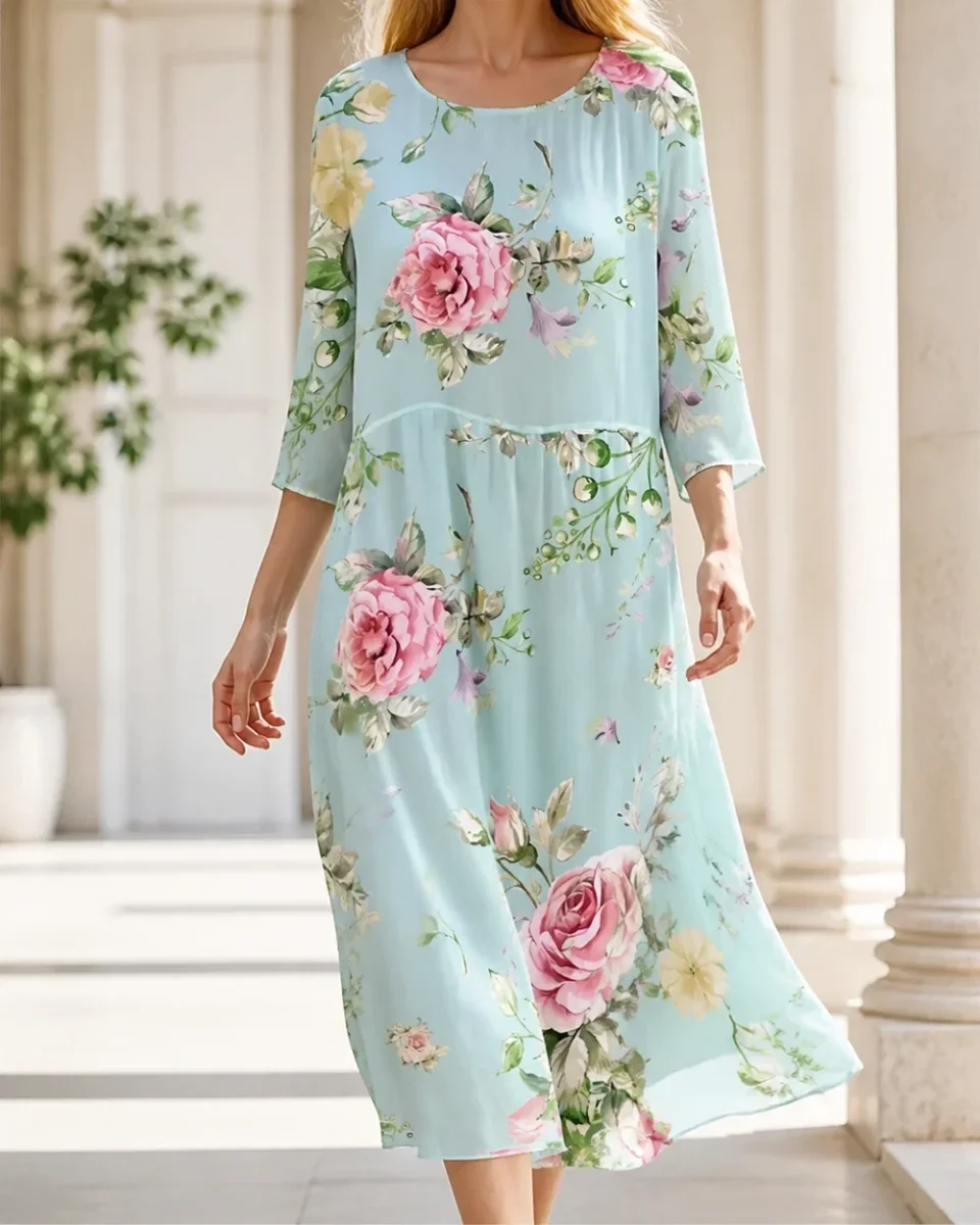 Momount Vestido Midi Floral Mulher – Manga 3/4 Ajuste Largo Casual para a Praia de Verão - Image 6
