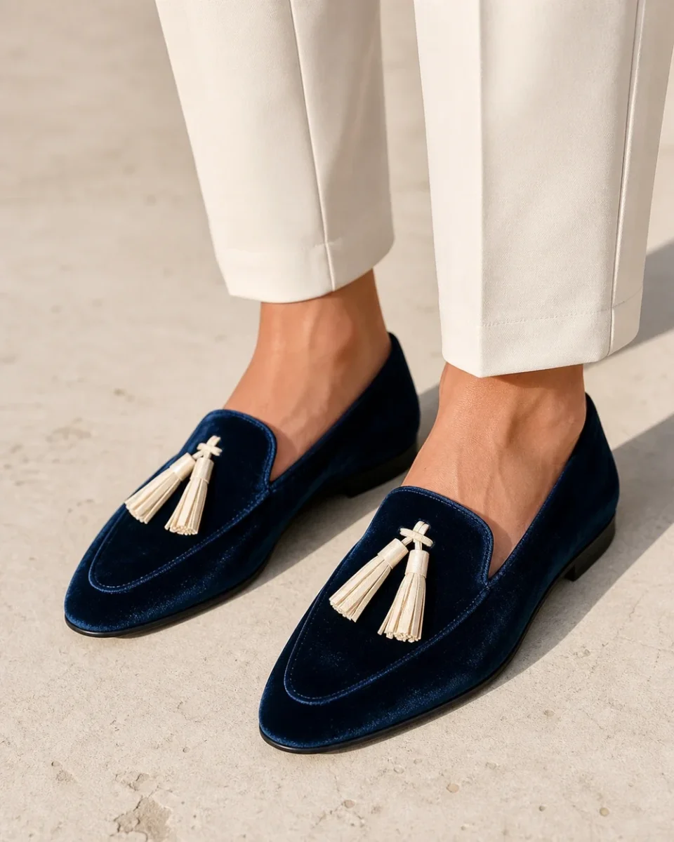 Mocassins azul-marinho de senhora com textura aveludada e borlas - Image 2