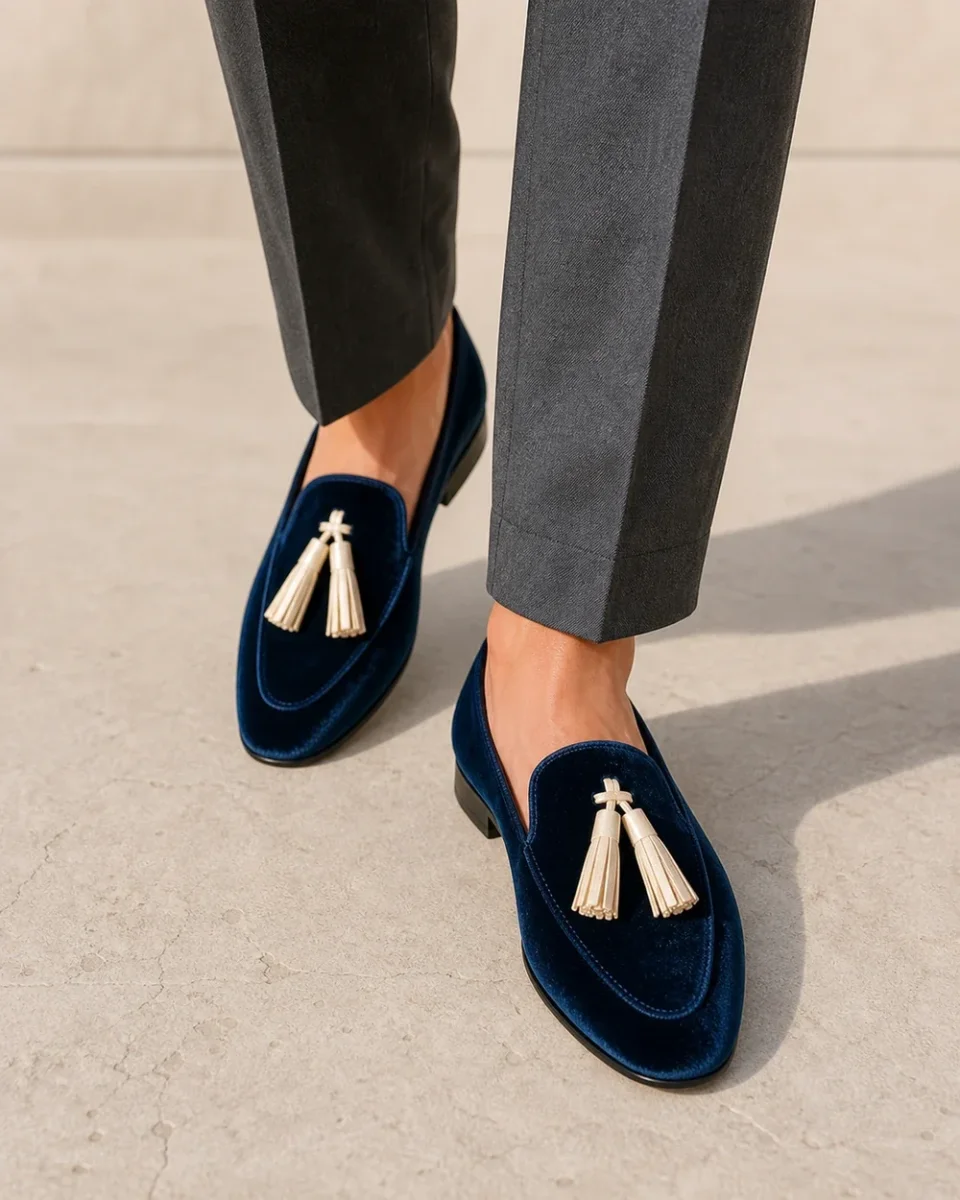 Mocassins azul-marinho de senhora com textura aveludada e borlas - Image 8