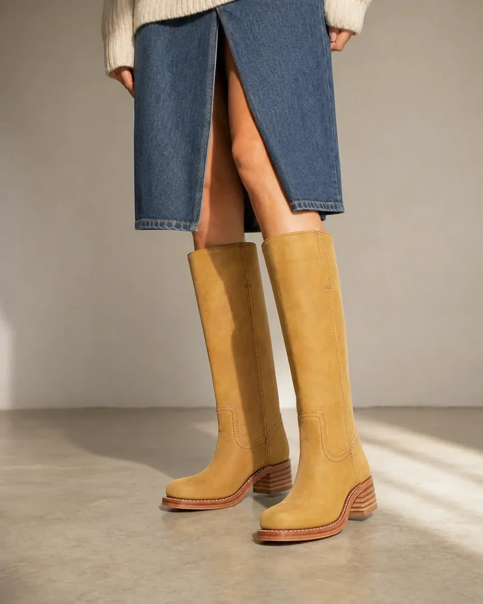 Western Boots for Women – Knee-High Shaft, Contrast Welt and Stacked Heel