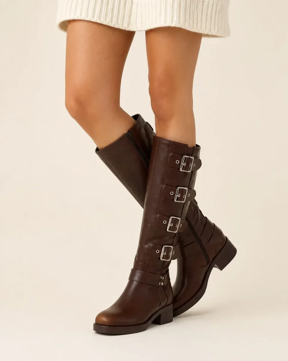 Women's Knee-High Biker Boots – Brown Finish, Multi-Buckle Straps and Side Zip - Image 2
