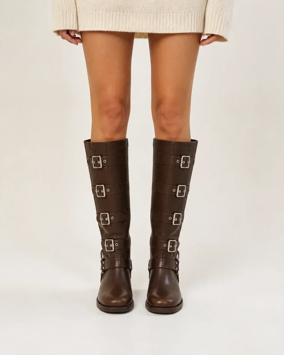 Women's Knee-High Biker Boots – Brown Finish, Multi-Buckle Straps and Side Zip - Image 4