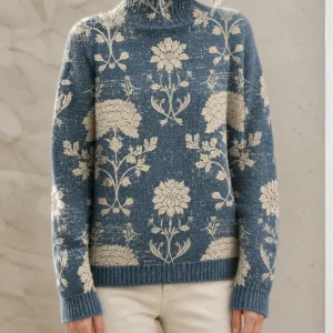 Women's Sweater – Floral Pattern, High Neck and Ribbed Trim