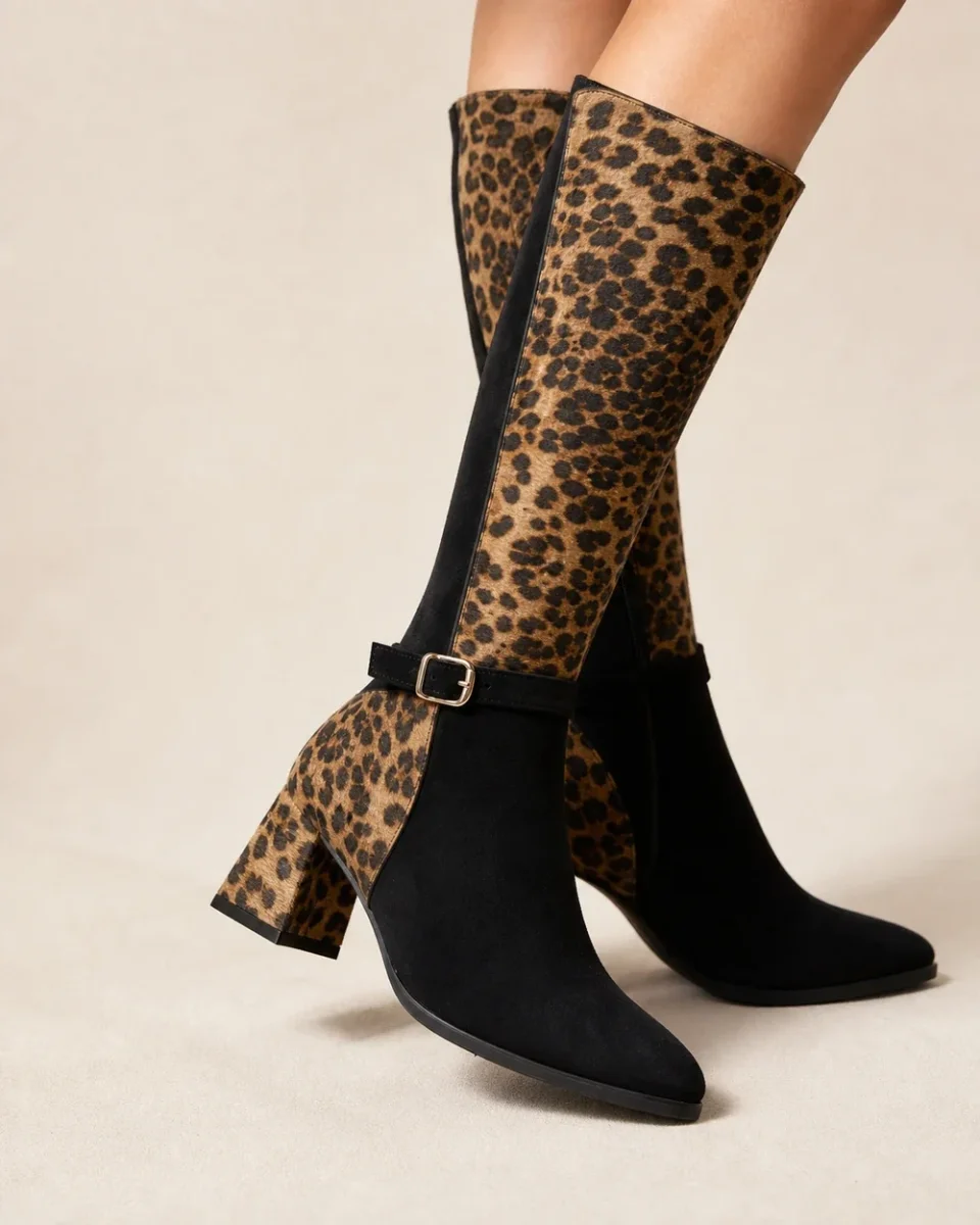 Leopard-Print Women Knee-High Boots with Buckle Strap and Block Heel – Statement Style - Image 3