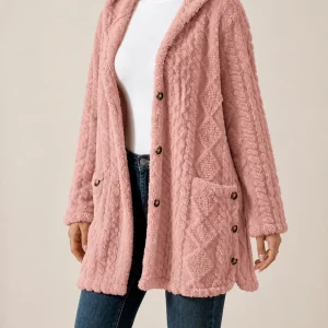 Women's Cardigan – Hood, Textured Knit, Button Front and Pockets