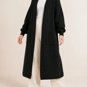 Women's Cardigan – Long Open Front, Chunky Knit and Patch Pockets