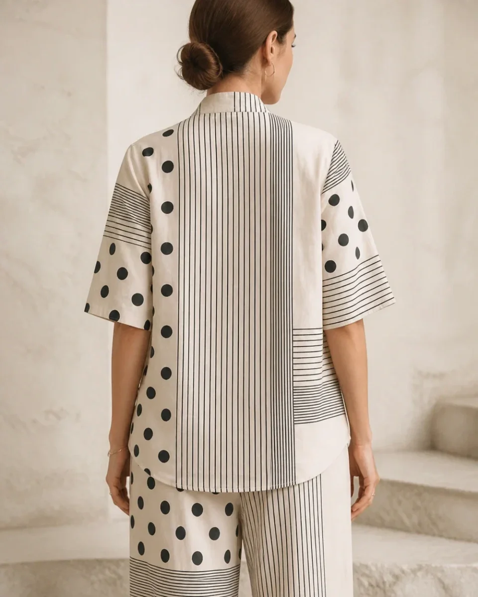 V-Neck Top for Women – Striped Polka-Dot Panels and Relaxed Fit - Image 5
