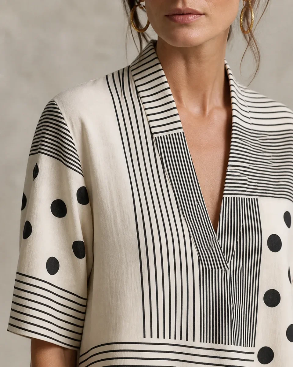 V-Neck Top for Women – Striped Polka-Dot Panels and Relaxed Fit - Image 6