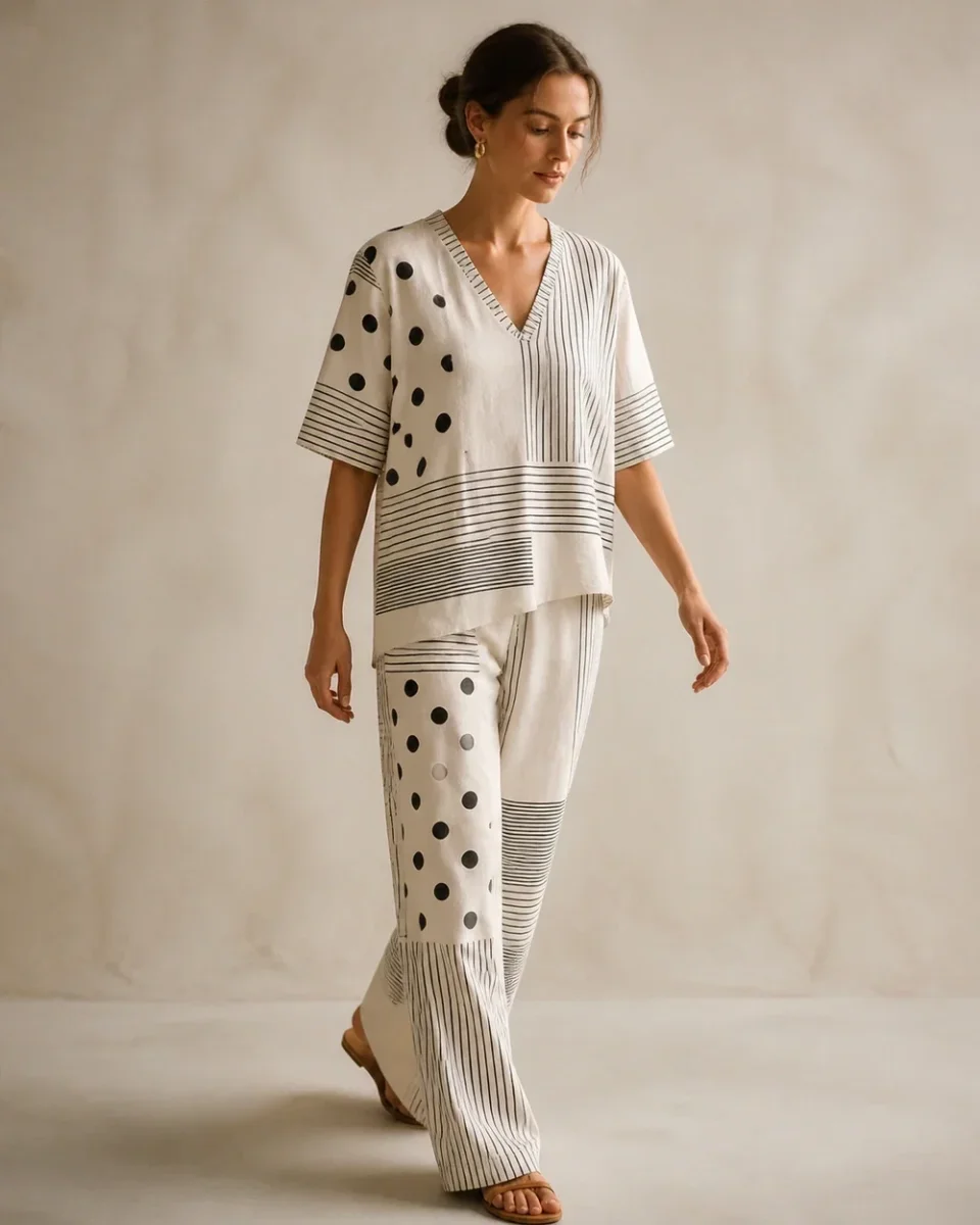 V-Neck Top for Women – Striped Polka-Dot Panels and Relaxed Fit - Image 7