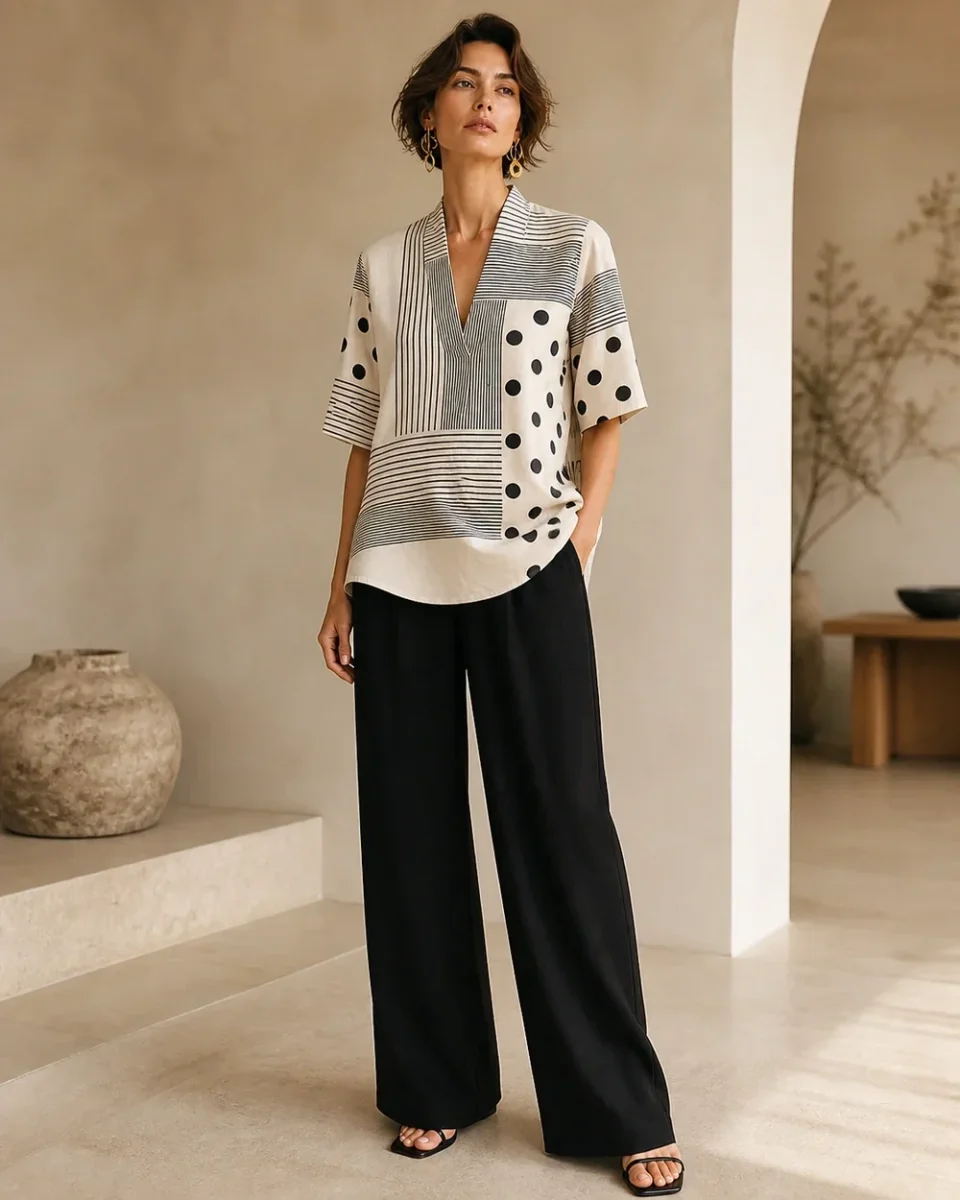 V-Neck Top for Women – Striped Polka-Dot Panels and Relaxed Fit - Image 8