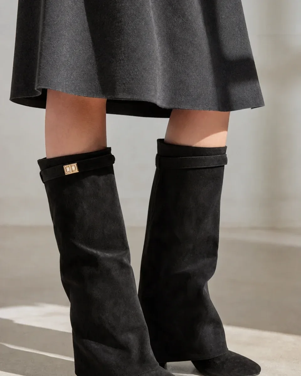 Suede Knee High Boots for Women – Flared Bell Shaft and Pointed Toe
