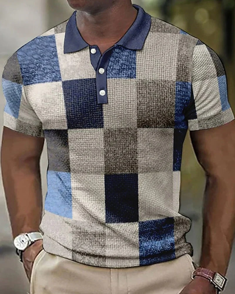 Momount Polo Xadrez Homem – Patchwork Manga Curta Casual - Image 3