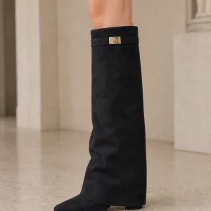 Pointed Toe Knee High Boots – Concealed Wedge, Flared Shaft and Gold Clasp