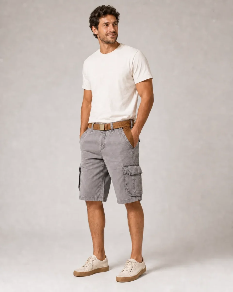 Momount Calções Cargo de Homem – Algodão Lavado com Cinto Vintage Envelhecido Comprimento ao Joelho - Image 3