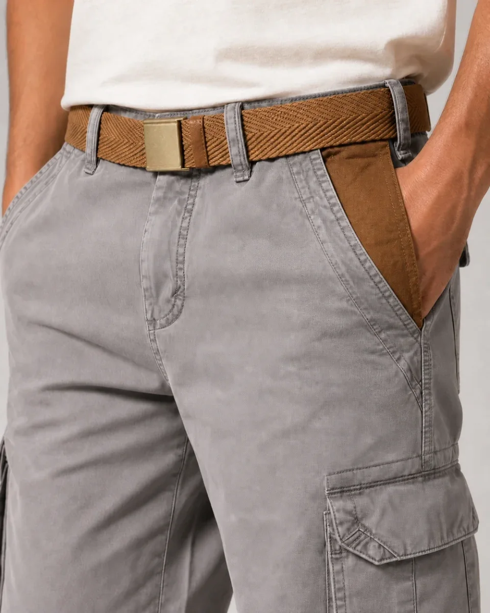 Momount Calções Cargo de Homem – Algodão Lavado com Cinto Vintage Envelhecido Comprimento ao Joelho - Image 6