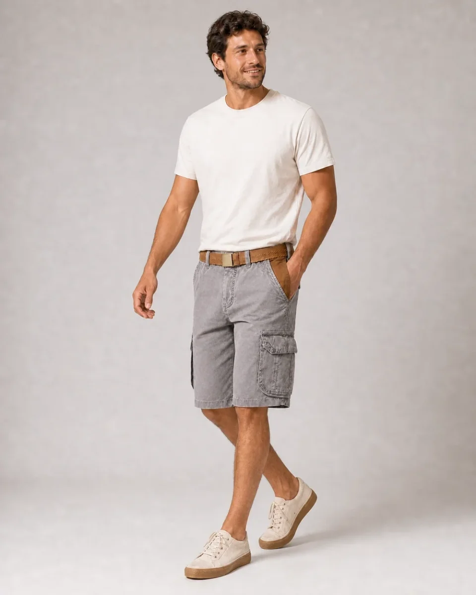 Momount Calções Cargo de Homem – Algodão Lavado com Cinto Vintage Envelhecido Comprimento ao Joelho - Image 8