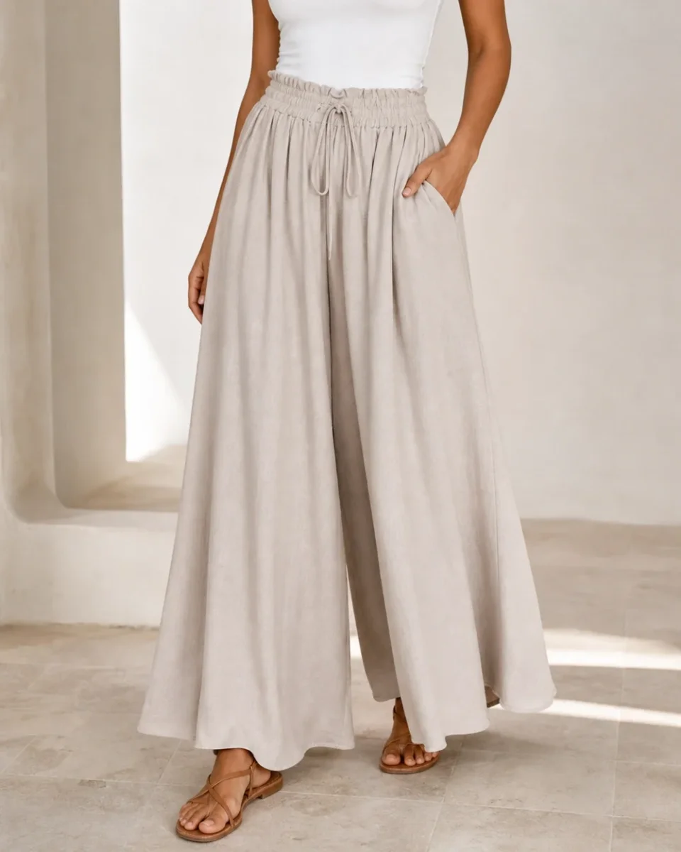 Calças Largas Mulher Cintura Subida – Palazzo Fluidas com Cordão